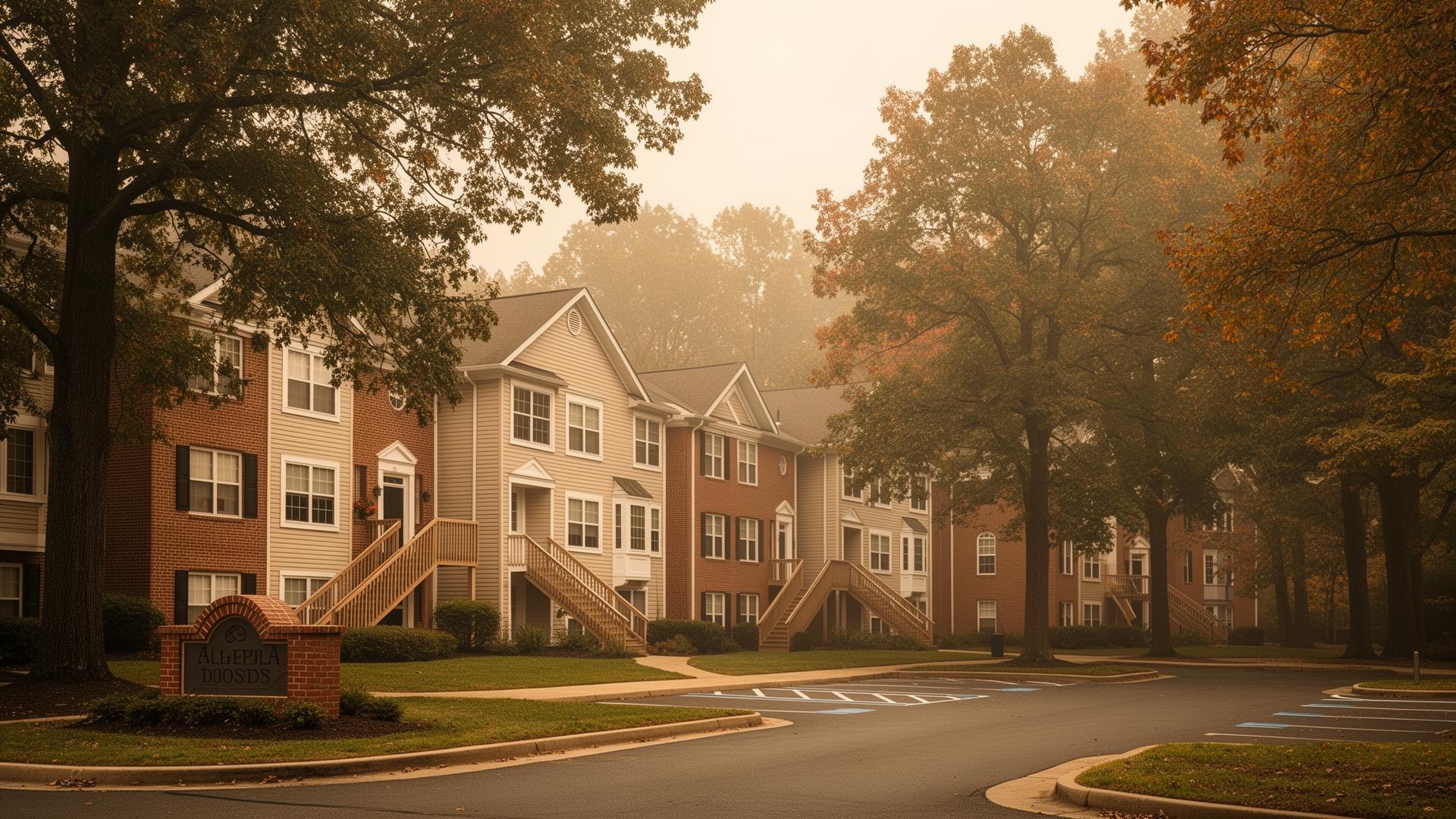 Garden-style brick condominium community in Laurel, Maryland at golden hour